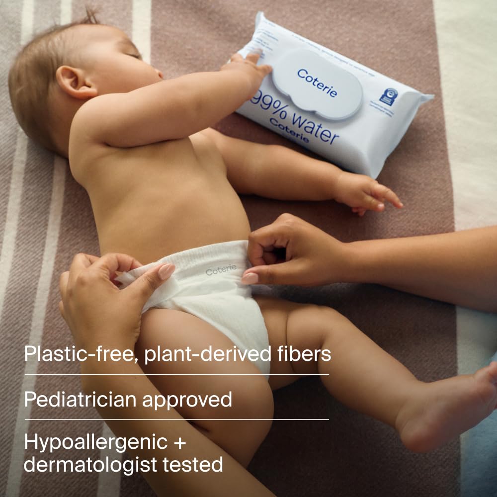 Coterie Baby Wipes for Sensitive Skin, Plant-Based and Plastic-Free Fibers, 99% Water, Hypoallergenic, pH Balanced, Unscented, Clean and Gentle Baby Essentials, 12 Pack, 672 Count