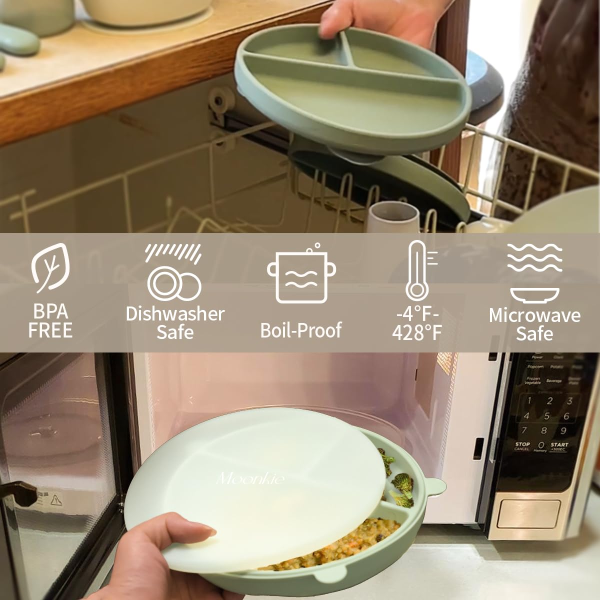 Moonkie Suction Plates for Baby | 100% Silicone BPA-Free Baby Plates with Lids and Food Cover | Divided Design | Microwave and Dishwasher Safe | Toddler Plates 3 Pack