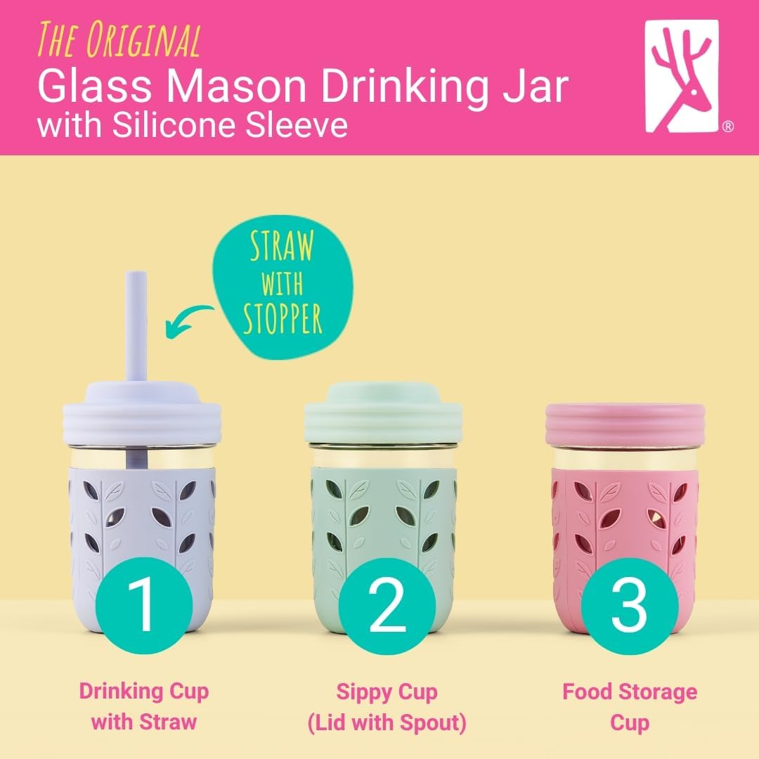 Elk and Friends Kids & Toddler Cups | The Original Glass Mason jars 8 oz with Silicone Sleeves & Silicone Straws with Stoppers | Smoothie Cups | Spill Proof Sippy Cups for Toddlers | 4 Pack