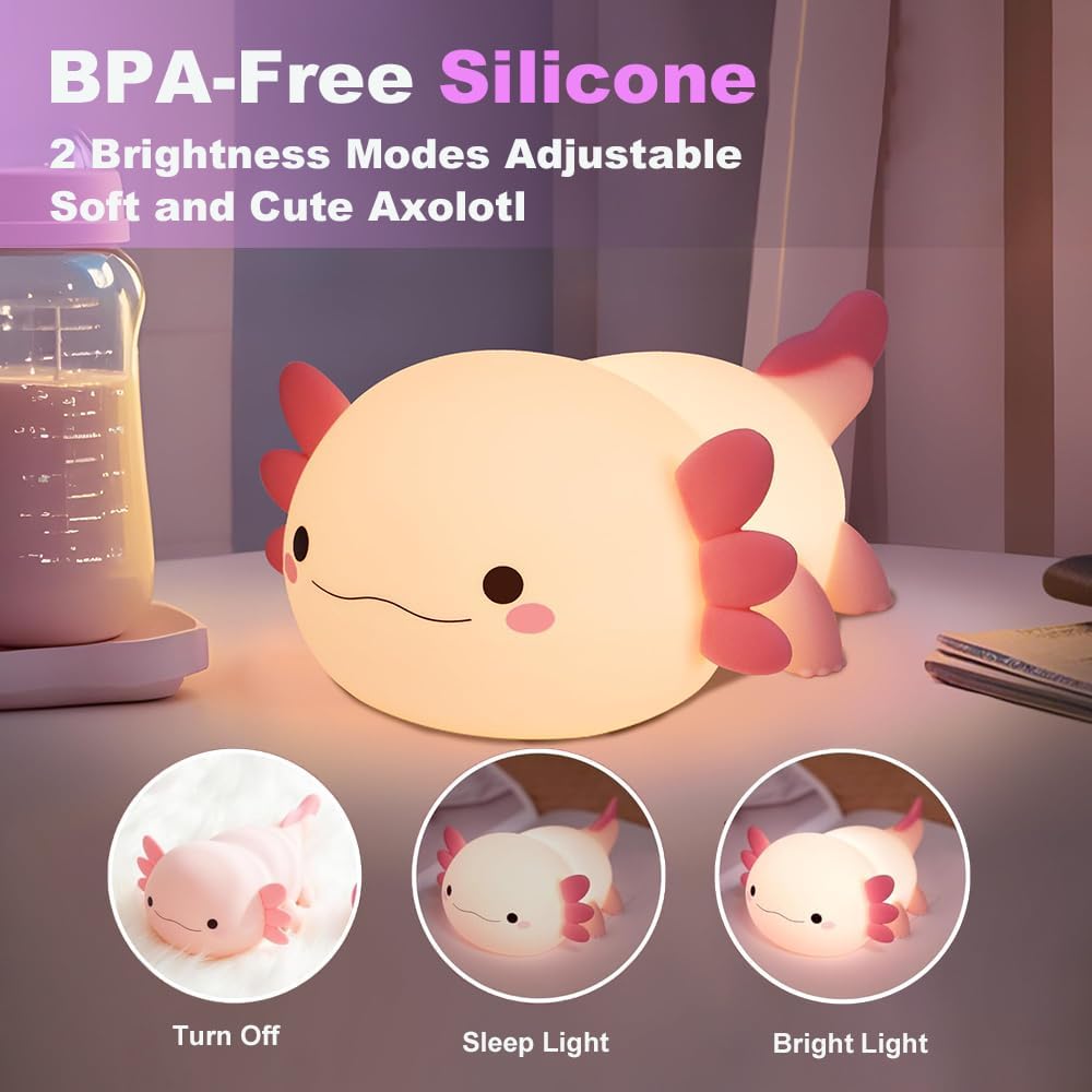 Cute Axolotl Night Light for Kids Bedroom, Animal Silicone Nursery Night Lamp Touch Control Nightlights USB Rechargeable Bedside Lamp for Baby Children Toddlers Girls Gift (Pink Axolotl)