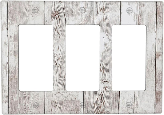 Light Switch Covers Rustic Vintage White Wood Grain 3 Gang Rocker Electrical GFCI Decorative Triple Outlet Wall Plate Cover Switchplate for Farmhouse Home Decor