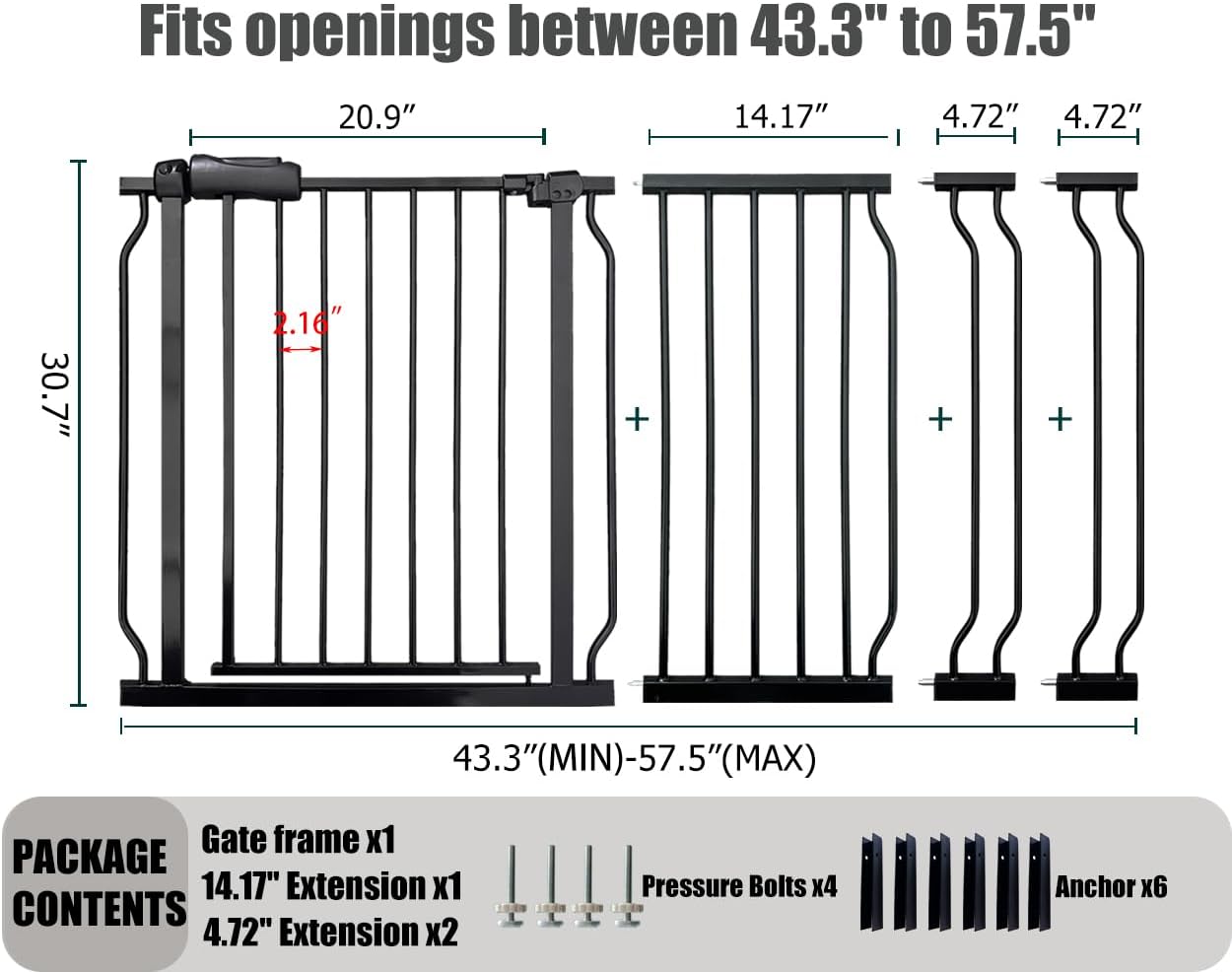 Extra Wide Baby Gate, 52.7-57.5 Inch, Large Walk Through, Black Metal, Pressure Mounted, Long Safety Dog Gate for House Doorways & Stairs