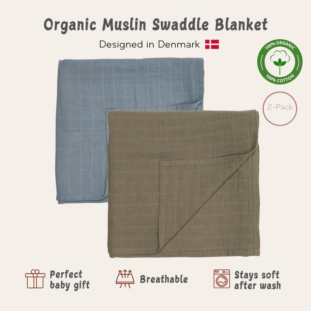 Swaddle - 100% Organic Cotton - Muslin Swaddle Blankets for Newborn, 47" x 47" 2-Pack (Sage Green/Tradewinds)