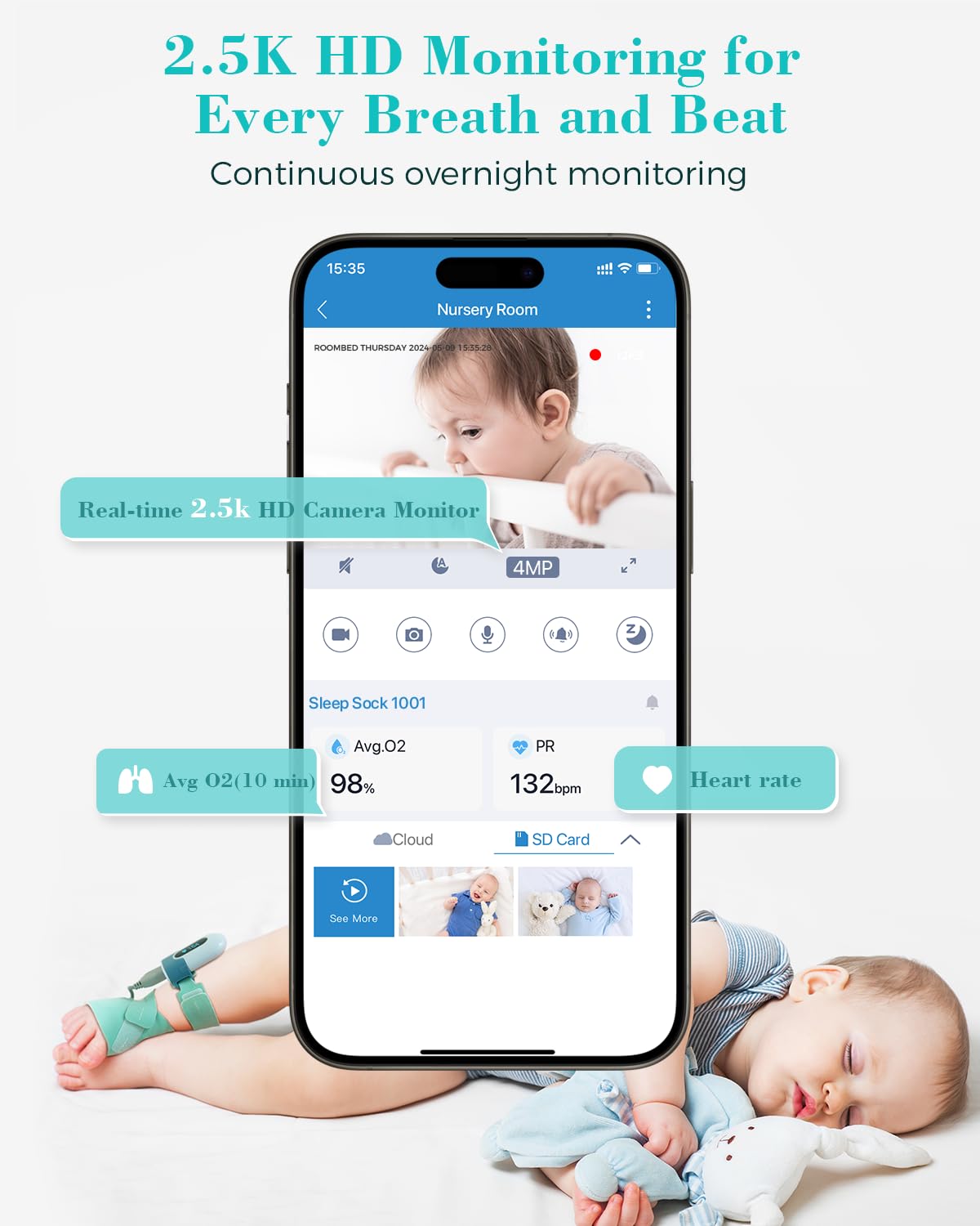 Babytone Baby Monitor - Smart Sleep Sock & 2.5K HD Camera, Track Heart Rate & Average Oxygen Level, Cry/Motion Detect, Two-Way Audio and Night Vision Baby Monitor with APP