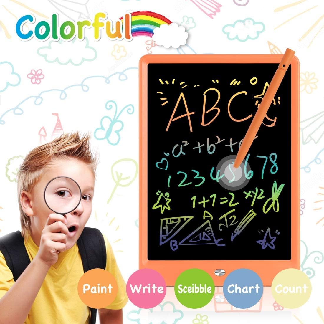 ORSEN LCD Writing Tablet 10 Inch, Colorful Doodle Board Drawing Tablet, Erasable Reusable Writing Pad, Educational for 3-6 Year Old Girls Boys(Orange)