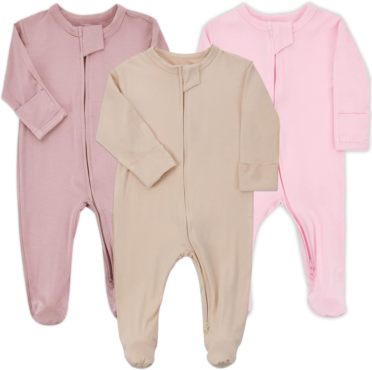 Aablexema Baby Zipper Pajamas Bamboo Rayon, 3pcs Unisex Infant Onesie with Mitten Long Sleeve Footed Pjs