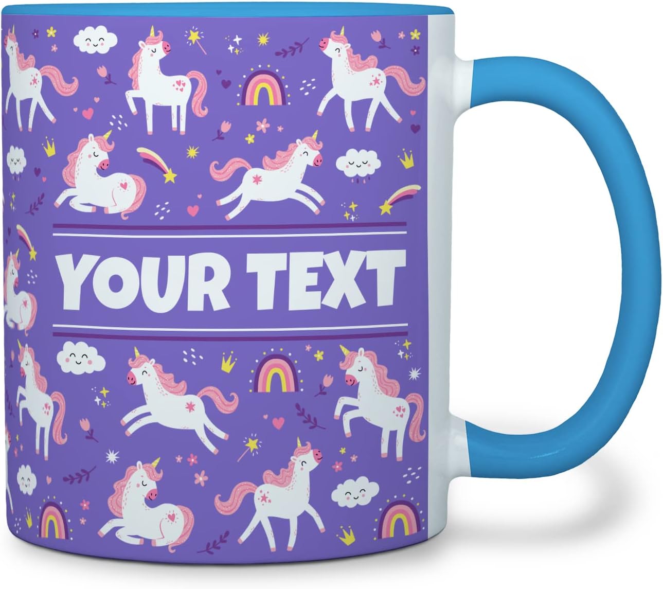 Personalized Mug for Kids - Purple Unicorn - Custom Name/Text, Ceramic Hot Chocolate/Cocoa/Coffee Cup for Girls, Birthday/Christmas/Holiday Gift - 11 oz, Light Blue Handle