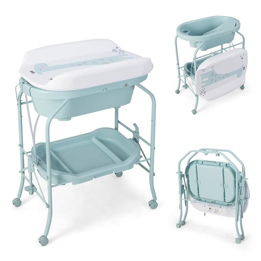 HONEY JOY Baby Changing Table with Bathtub, Foldable Infant Diaper Changing Station with Wheels, Storage Tray, Waterproof Pad, Portable Newborn Nursery Organizer Bath Stand for Boys Girls (Blue)