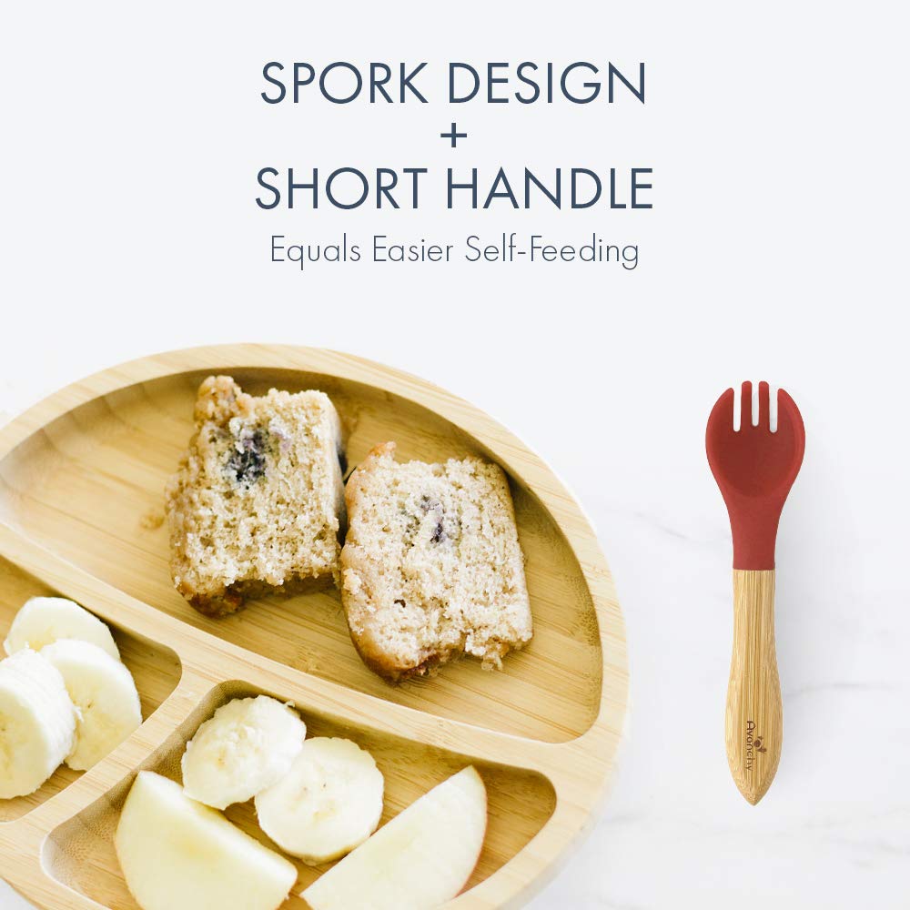 Avanchy Baby Fork Set, Bamboo and Silicone Spork Utensils, Toddler Baby Led Weaning Silverware Cutlery Flatware, Kids First Self Feeding