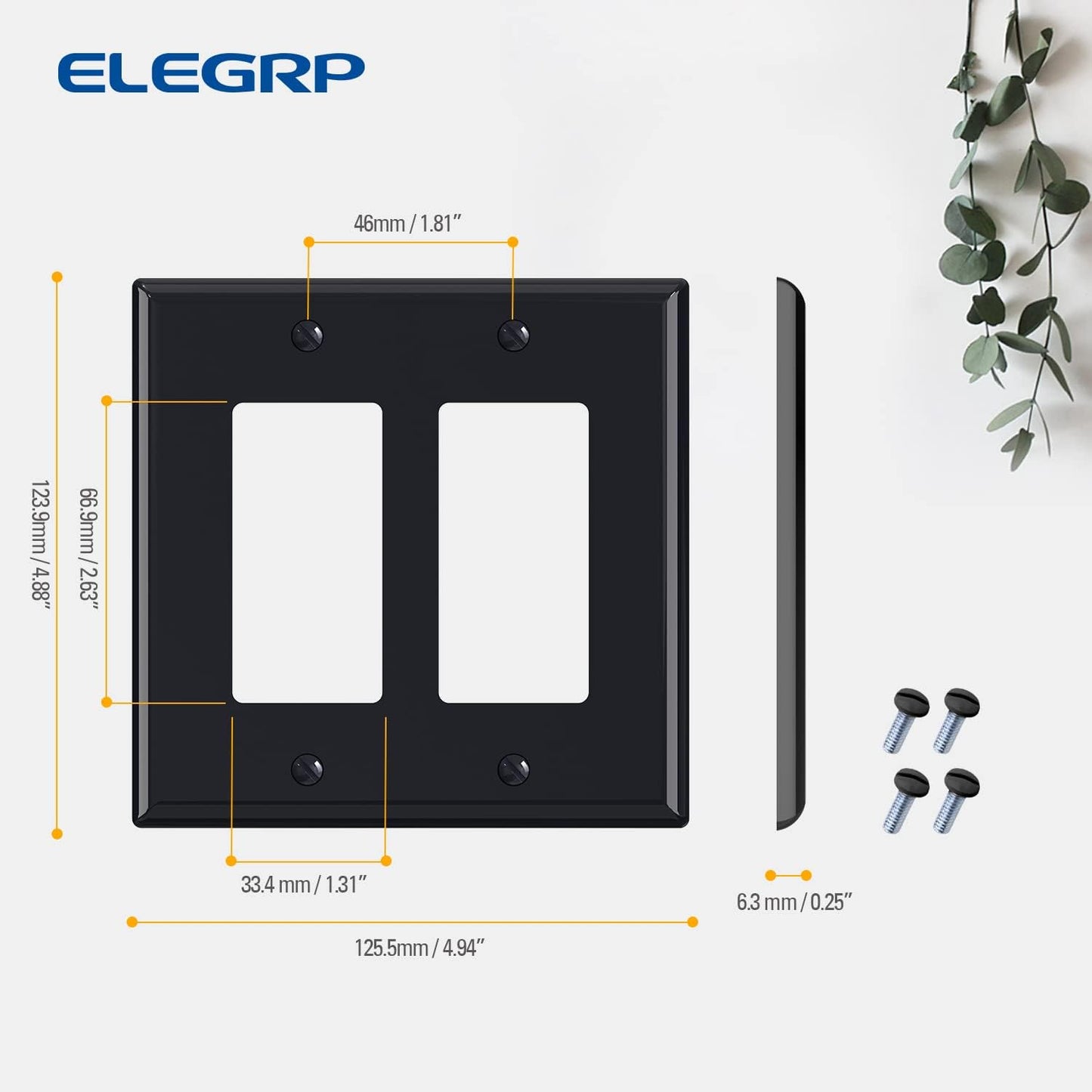 ELEGRP 2-Gang Decorative Wall Plates, Mid-Size 4.88" H x 4.94" L Unbreakable Thermoplastic Faceplate Cover for Decorator Receptacle Outlet Switch, UL Listed (10 Pack, Glossy Black)