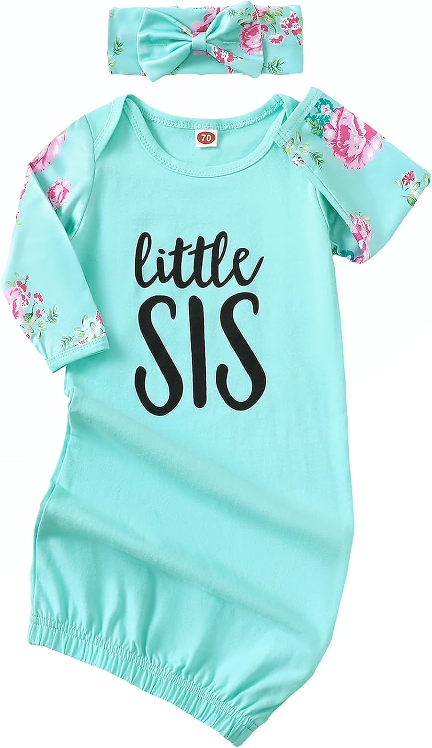 AMAWMW Newborn Baby Girl Little Sister Sleeper Gown Stripe Long Sleeve Nightgown Pajamas Gifts Stuff Essential Outfit