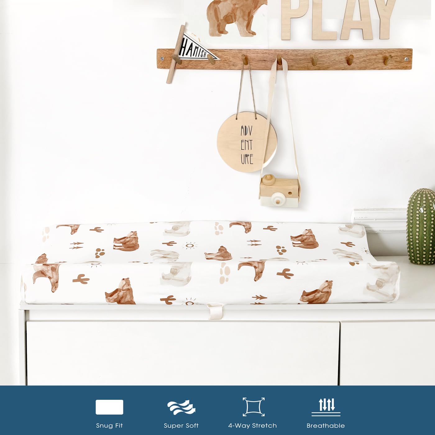 GRSSDER Stretch Ultra Soft Jersey Knit Changing Pad Cover Set 2 Pack, Change Table Pad Covers Fit 32"/34" x 16" Pads Safe and Snug, Cute Diaper Changing Pad Covers of Sunny Bear Print