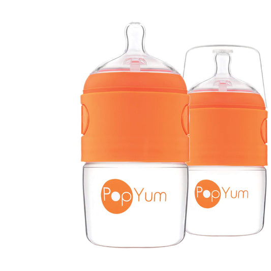 PopYum 5 oz Orange Anti-Colic Formula Making/Mixing/Dispenser Baby Bottles, 2-Pack with #1 Slow Flow Nipples, 150 ml, BPA-Free, Natural Latch
