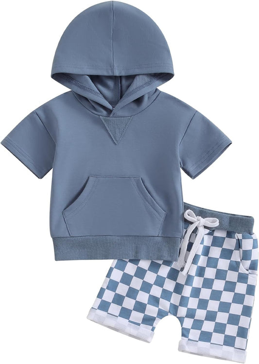 Toddler Baby Boy Summer Hooded Outfit Contrast Color Short Sleeve T Shirt Top Elastic Shorts Summer Clothes Set
