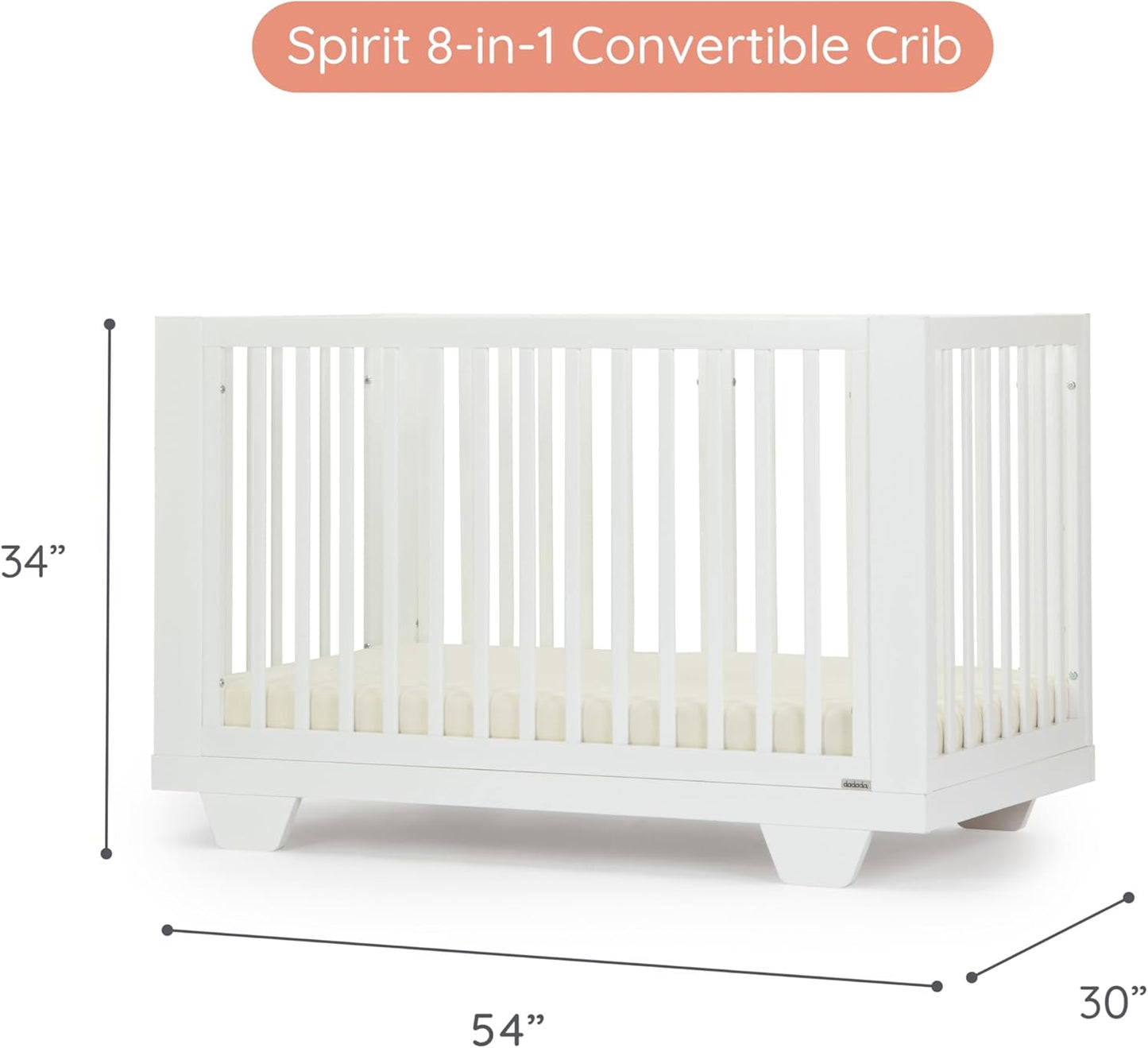 dadada Spirit 8 in 1 Convertible Crib to Toddler Bed & Floor Bed, Made in Italy, Greenguard Gold Certified, Adjustable Mattress Heights (White)