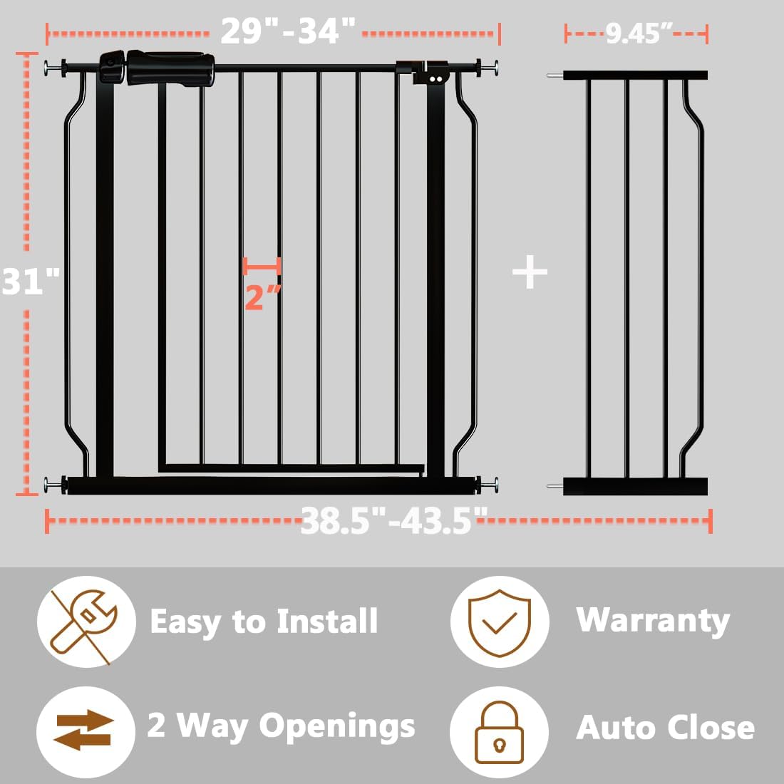 Fairy Baby Walk Through Baby Gate 38.5-43.5 Inch Wide, Pressure Mounted Safety Gate with Door No Drill, Black Tension Metal Gate for Dog and Toddler