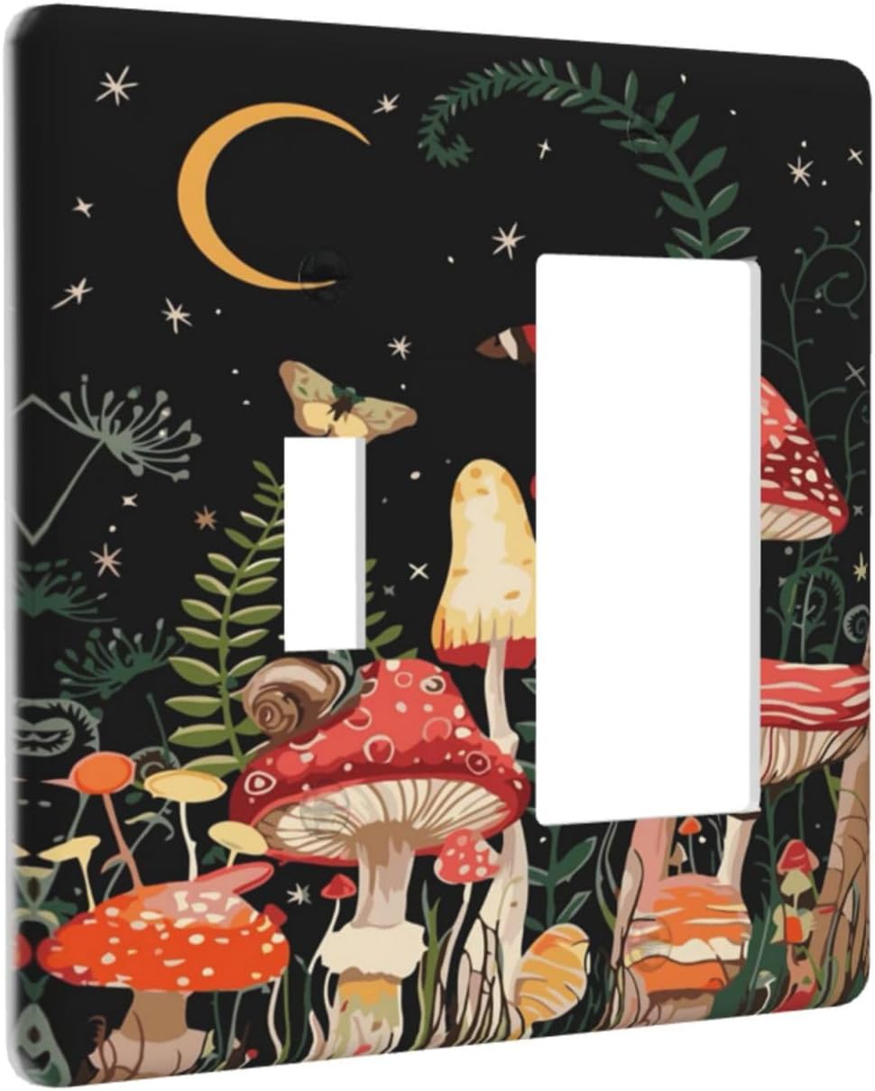 Moon Star Red Mushroom Forest Butterfly Green Plant Outlet Covers 1 Toggle 1 Rocker Combination Decorative Wall Plate Electrical Switch Plates Light Switch Cover Plate for Kids Room Home Decor