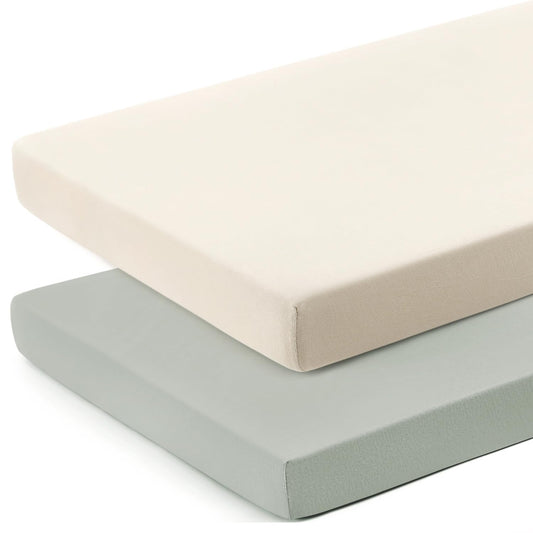 GRSSDER Mini Crib Sheets Fitted, Pack and Play Sheets 2 Pack, Ultra Soft Stretchy Pack N Play Sheets, Universal Fit for Playard Mattress, Jersey Crib Sheets Neutral for Boys and Girls, Beige/Gray