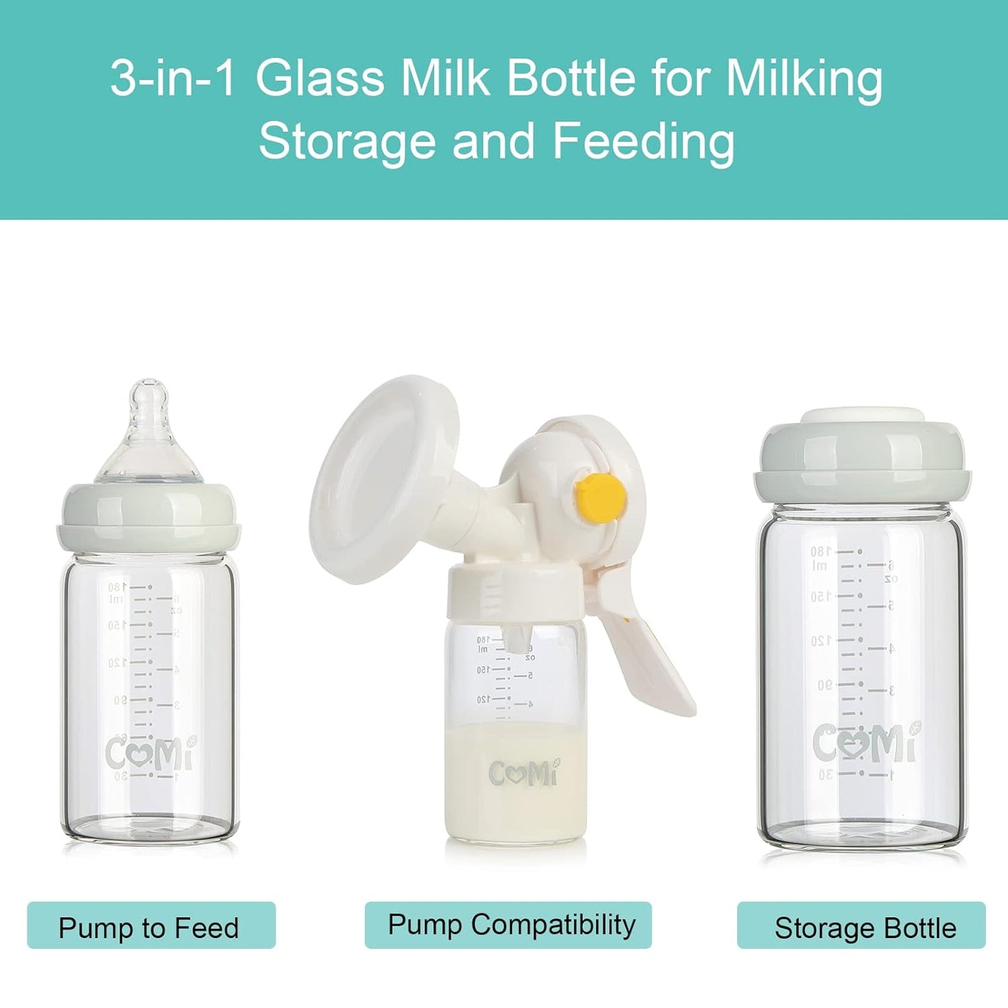 COMI Wide Neck Glass Breastmilk Collection n Storage Bottle, 4 Packs, 6oz with Screw Ring Sealing Disk; Re-markable Sealing Disc. BPA Free, Fits Breast Pumps & Nipples (4 Gray Lids)