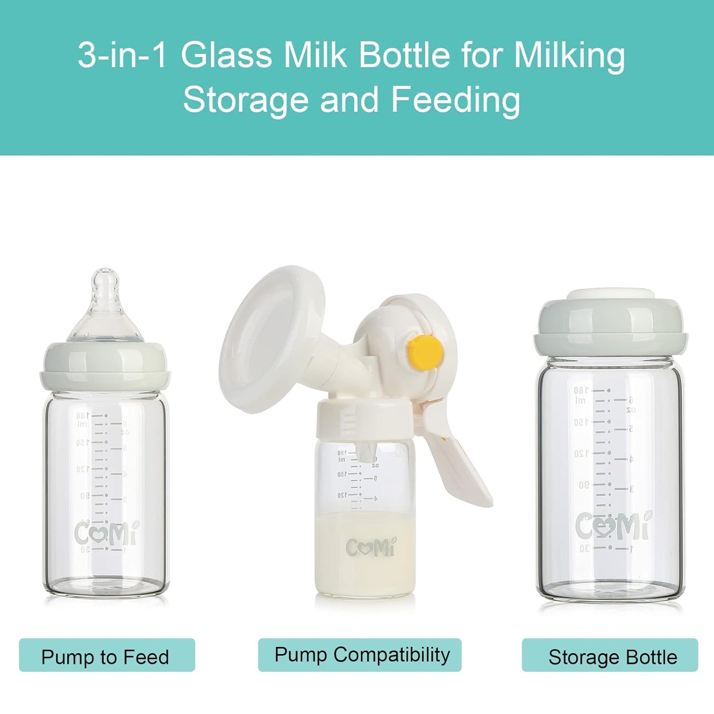 COMI Wide Neck Glass Breastmilk Collection n Storage Bottle, 6oz with Screw Ring Sealing Disk; Re-markable Sealing Disc. BPA Free, Fits Breast Pumps & Nipples (Gray Lids)