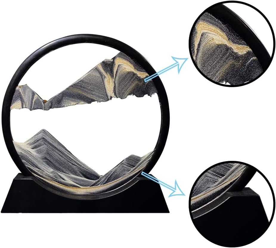 Aoderun Moving Sand Art Picture Round Glass 3D Deep Sea Sandscape in Motion Display Flowing Sand Frame Relaxing Desktop Home Office Work Decor (12", New black)