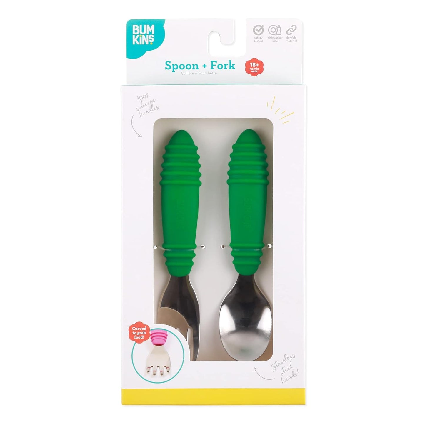 Bumkins Toddler Utensils, Kids Size Fork and Spoon Set, Silicone and Stainless-Steel Training Silverware, Fork / Spork for Self-Feeding, Children Hold Learning to Eat, 18 Months Up, Jade Green
