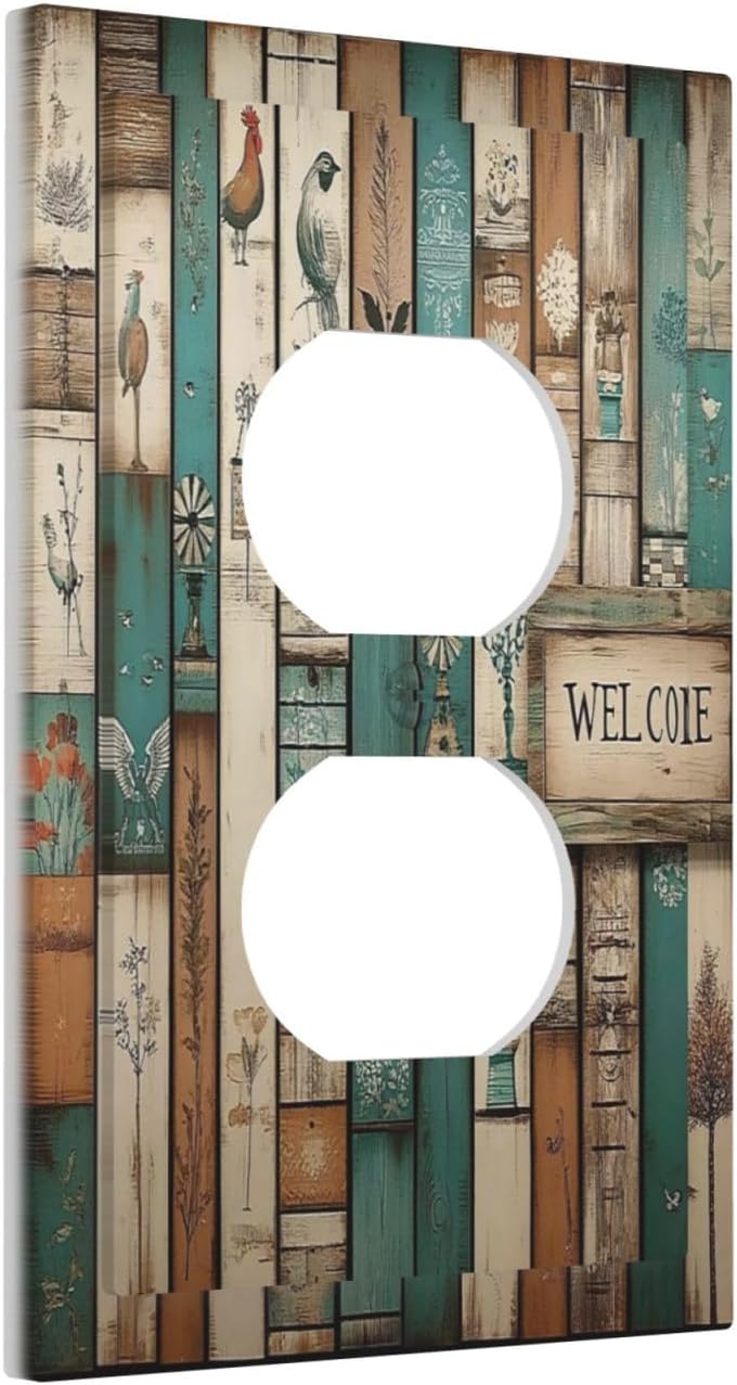 Outlet Covers Vintage Wood Brown Turquoise Splicing 1 Gang Duplex Light Switch Cover Decorative Switch Plates Electrical Receptacle Faceplate Wall Plate For Farmhouse Cabin Decor