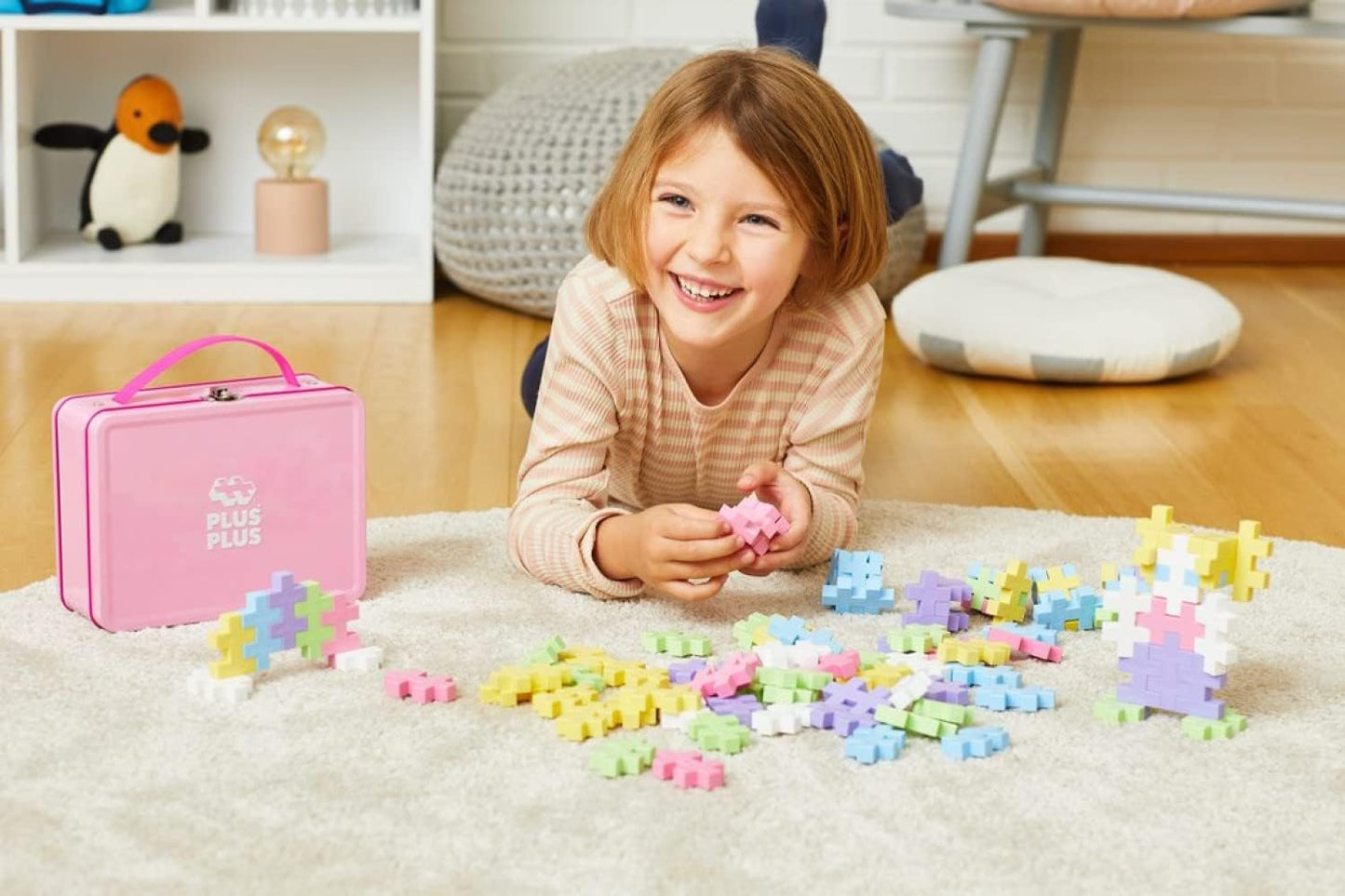 PLUS PLUS Building Set with Metal Suitcase, Open Ended Stem Toy for Toddlers and Preschool, 70 Big Pastel Interlocking Pieces