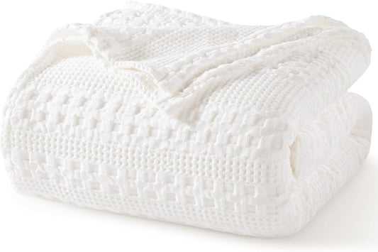 PHF 100% Cotton Waffle Weave Blanket Queen Size, Soft Lightweight Breathable Cozy Summer Blankets for Bed, Luxury Aesthetic Woven Bedding for Home Decor, 90"x90", White