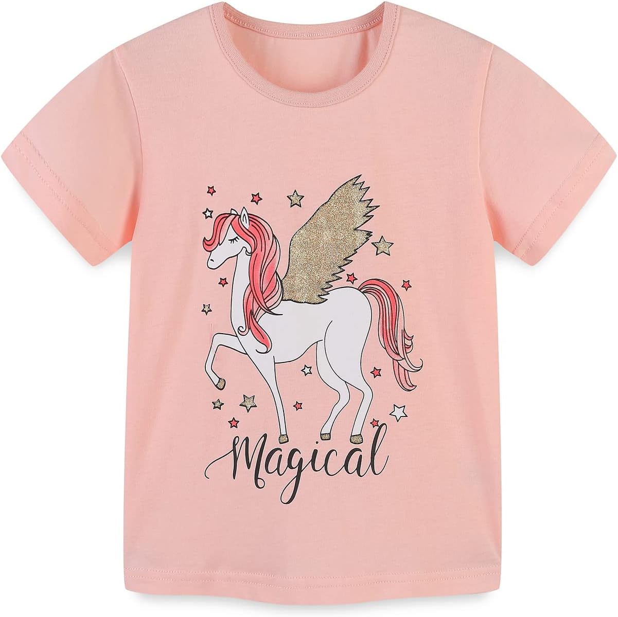 HILEELANG Girls' Tees Ruffle Short Sleeve T-Shirt Cotton Casual Graphic Summer Crewneck Tunic Tops