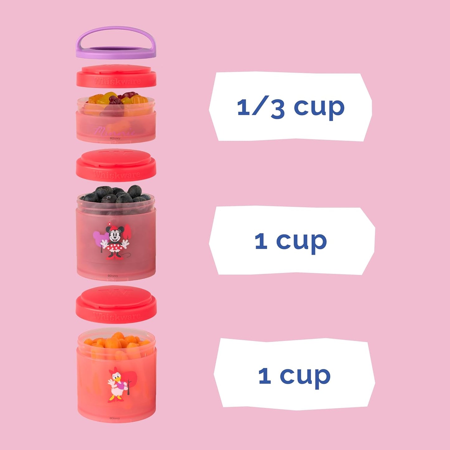 Whiskware Disney Stackable Snack Containers for Kids and Toddlers, 3 Stackable Snack Cups for School and Travel, Minnie and Daisy