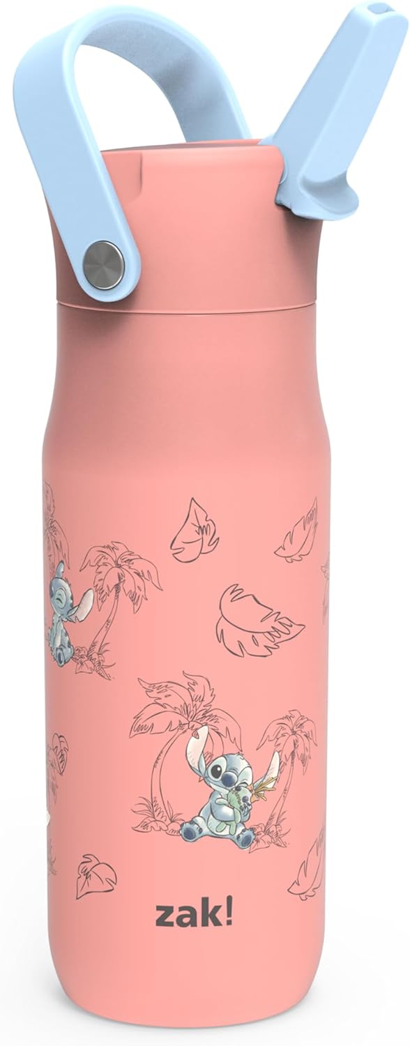 Zak Designs Harmony Disney Stitch Water Bottle for Travel or At Home, 20oz Stainless Steel is Leak-Proof When Closed and Vacuum Insulated with Straw Lid and Carry Handle (Stitch)