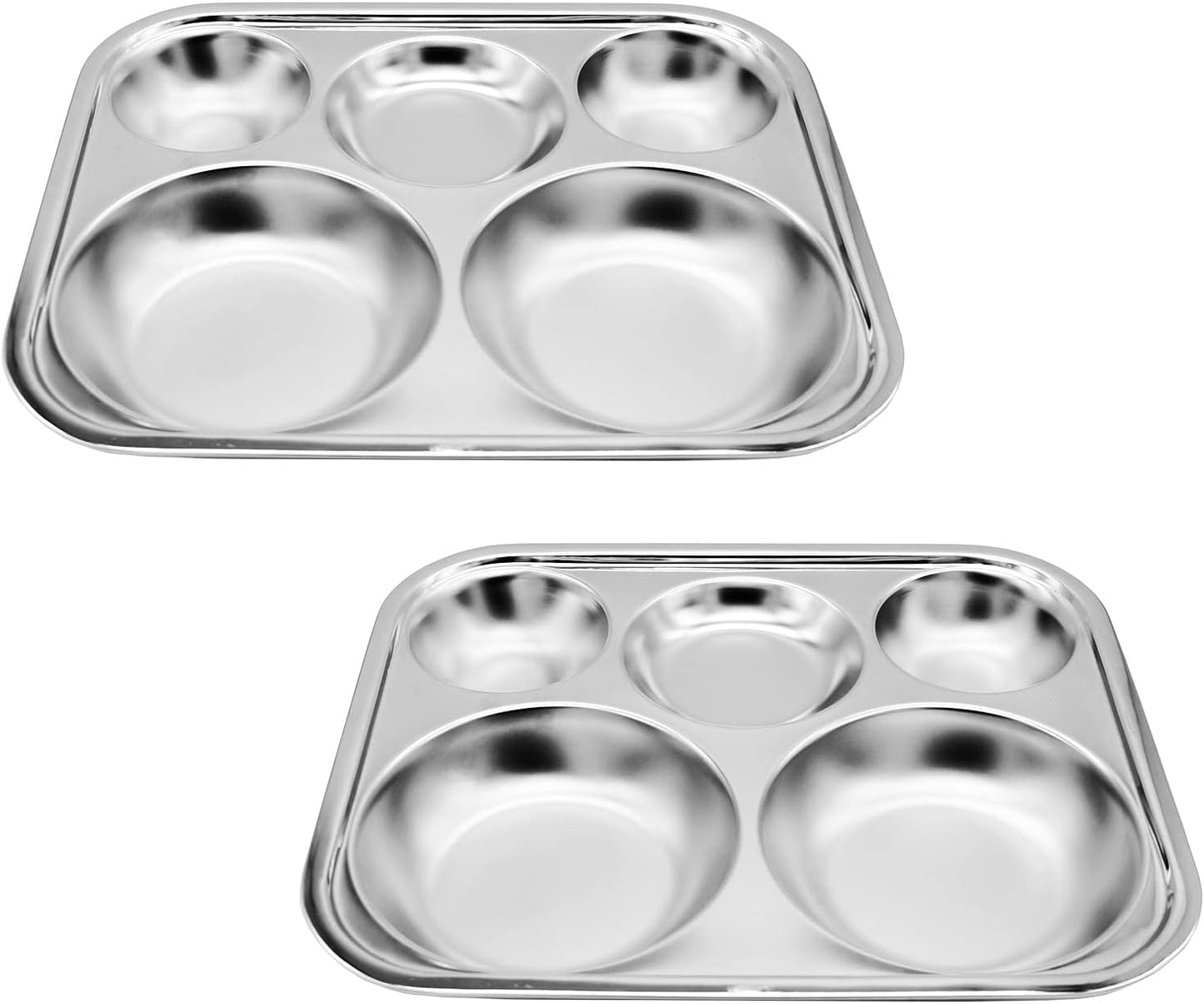 Korean Stainless Steel Divided Plates, Food Grade 304 Tray Large Size for Adults, Teens, Picky Eaters, Campers, BPA Free, Diet Portion Control, Serving Platter, Dinner Snack, Set of 2