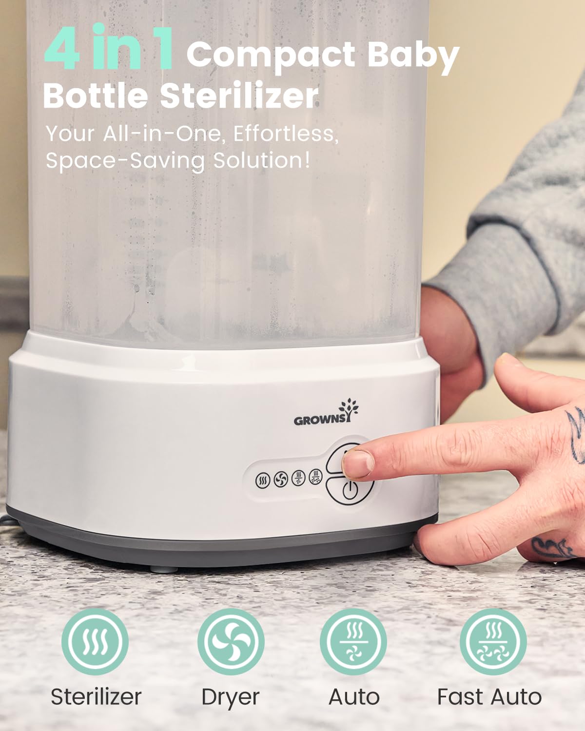 GROWNSY Bottle Sterilizer and Dryer, Compact Electric Steam Baby Bottle Sterilizer (Esterilizador de Biberones), Bottle Sanitizer for Baby Bottles, Pacifiers, Pump Parts