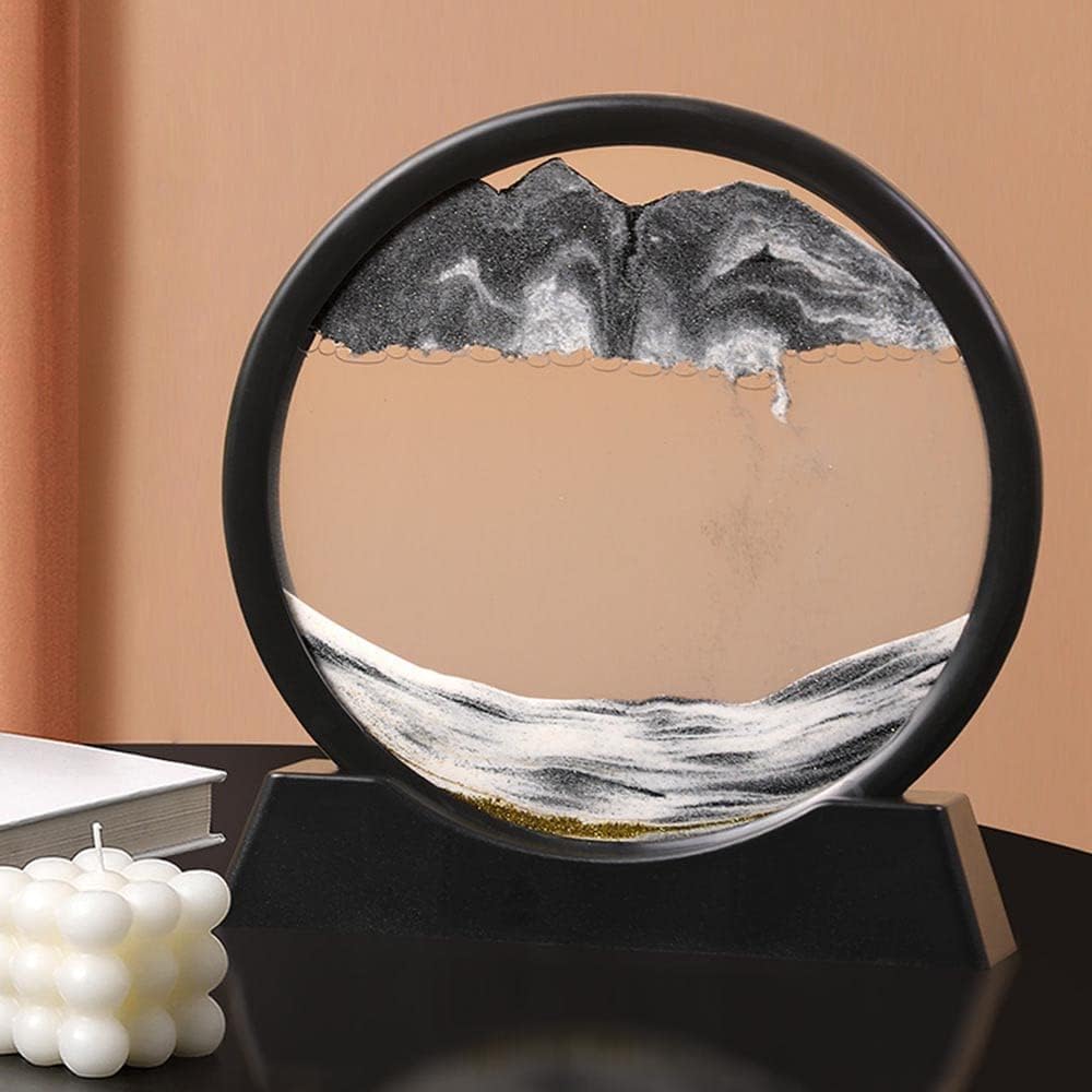Moving Sand Art Picture in Motion Round Glass 3D Deep Sea Landscape, Dynamic Sand Art Sandscapes, Sensory Relaxing Desktop Table Decor Desk Decor Art Desk (7 inch, Black)