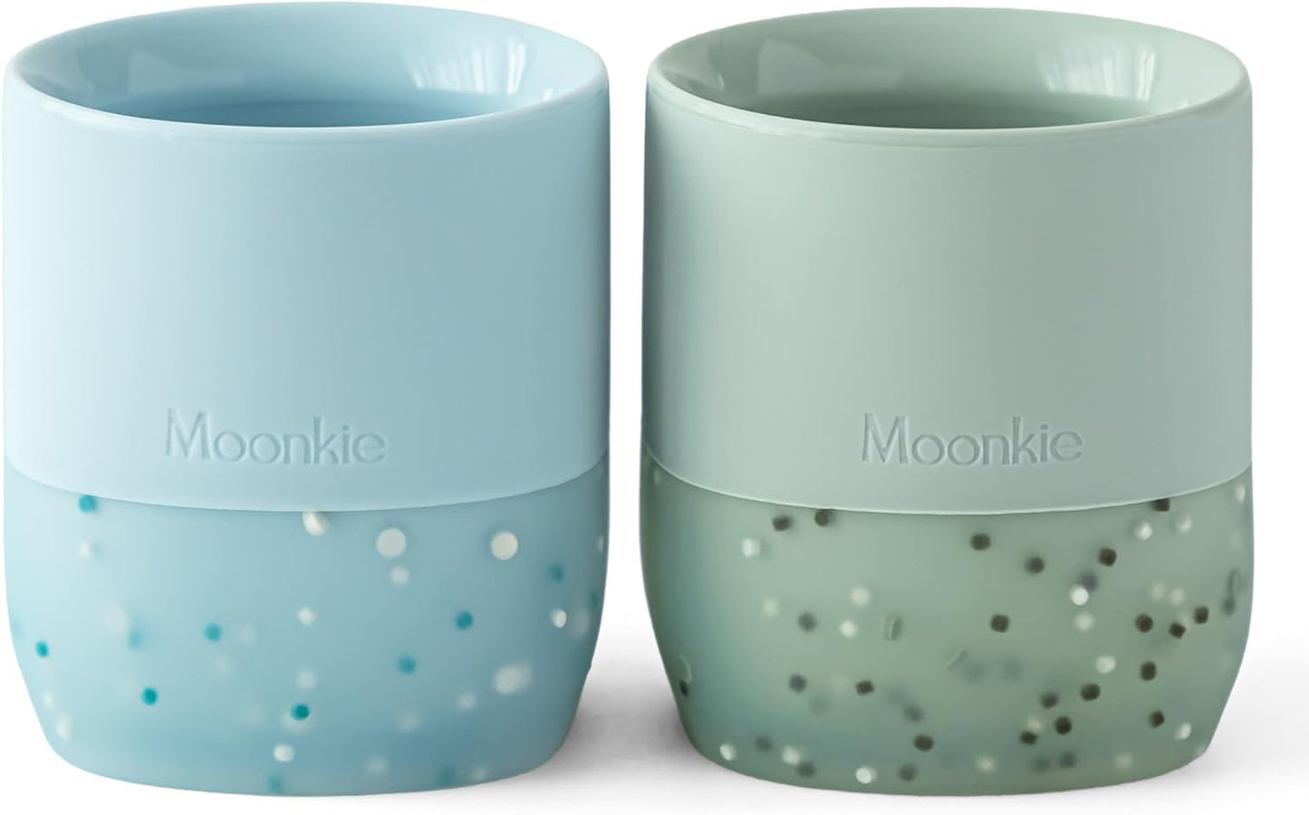 Moonkie Silicone Baby Cups 4 Months+ | Open Training Drinkware for Infants with Confetti Sprinkles | Baby-Led Weaning Essential | 2 oz (Ether/Mint, 2 Pack)