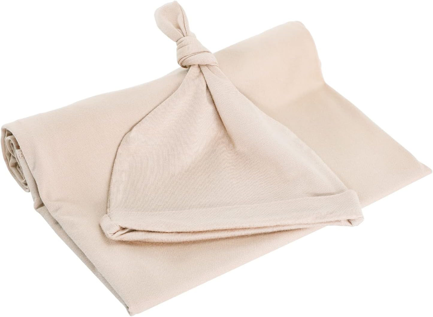 iEvolve Cotton Knitted Baby Swaddle Blanket with Hat Headband Set Newborn Swaddle Wrap Receiving Blankets for Baby Girl Boy 45" x 45"(Beige)