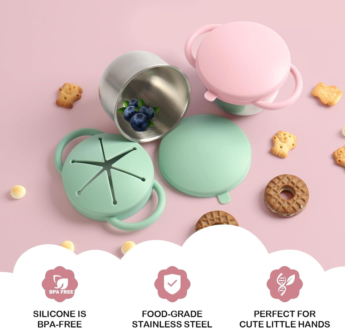 2 Pack Snack Cups for Toddlers Spill Proof - Detachable Stainless Steel Toddler Snack Cups with Silicone Lids & Handles - Dishwasher Safe Baby Snack Containers for Mess-Free Snacking (Green and Pink)