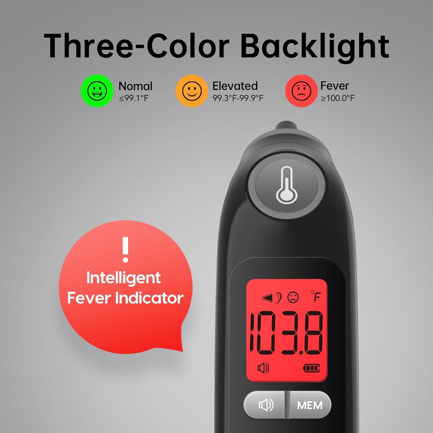 Ear Thermometer, Highly Accurate Ear Thermometer for Kids, Adults and Babies, 30 Memory Recall, 1s Result and 3-Color Fever Alert, with 24 Disposable Probe Covers, Black