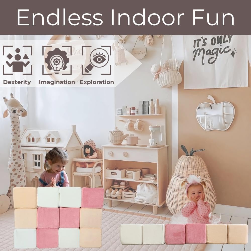 Wonder Space Plush Foam Blocks - Nursery Building & Stacking Toys for Toddlers Boys & Girls, Soft Smooth Velvet Cover, Early Education Gross Motor Skills & Brain Development (12 Cubes, Soft Blush)