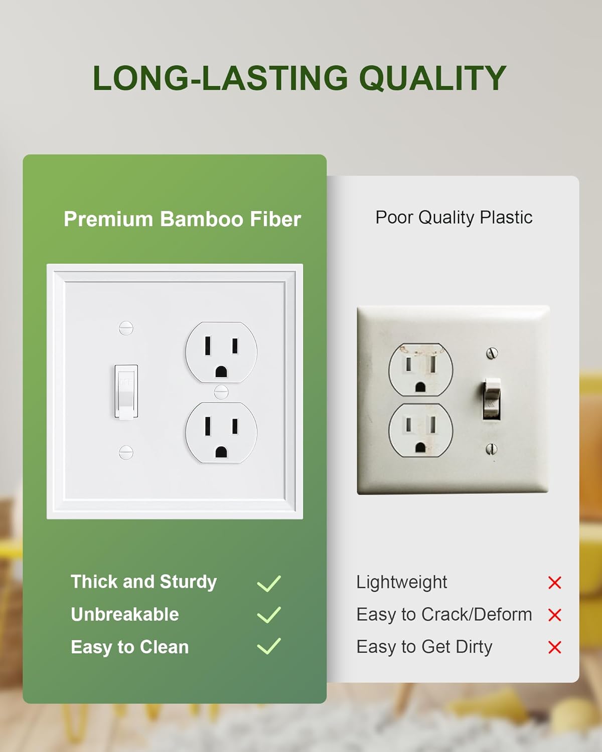2-Pack Combo Toggle/Duplex Light Switch Cover Plate, Pure White Wall Outlet Cover Plate, Natural Bamboo Fiber Decorative Wall Receptacle Cover for Electrical Outlets, Light Switch