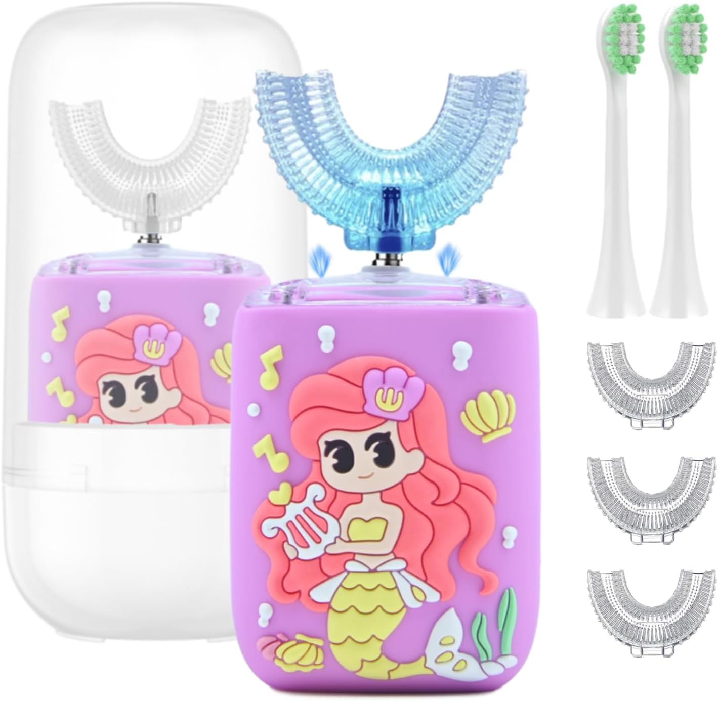 Kids Electric Toothbrush, U Shaped Toothbrush Kids Sonic Automatic Brush with Cup 5 Brush Head 6 Sonic Clean Modes IPX7 Waterproof Mermaid Design Rechargeable Smart Timer for Children 2-7