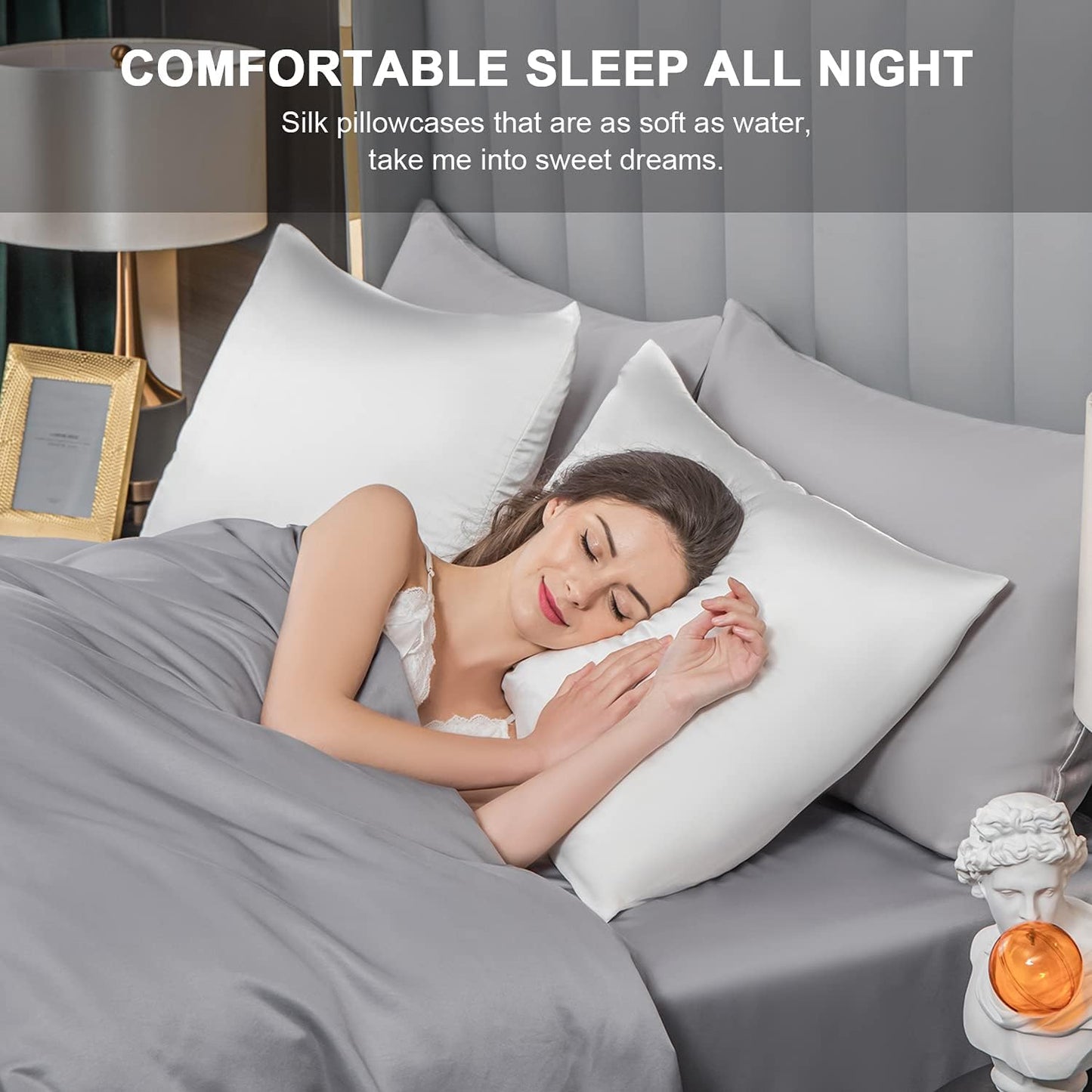 Mulberry Silk Pillowcase for Hair and Skin,King Size Cooling Silk Pillow Case with Hidden Zipper,Allergen Proof Dual Sides Soft Breathable Smooth Silk Pillow Cover for Women(King,White)