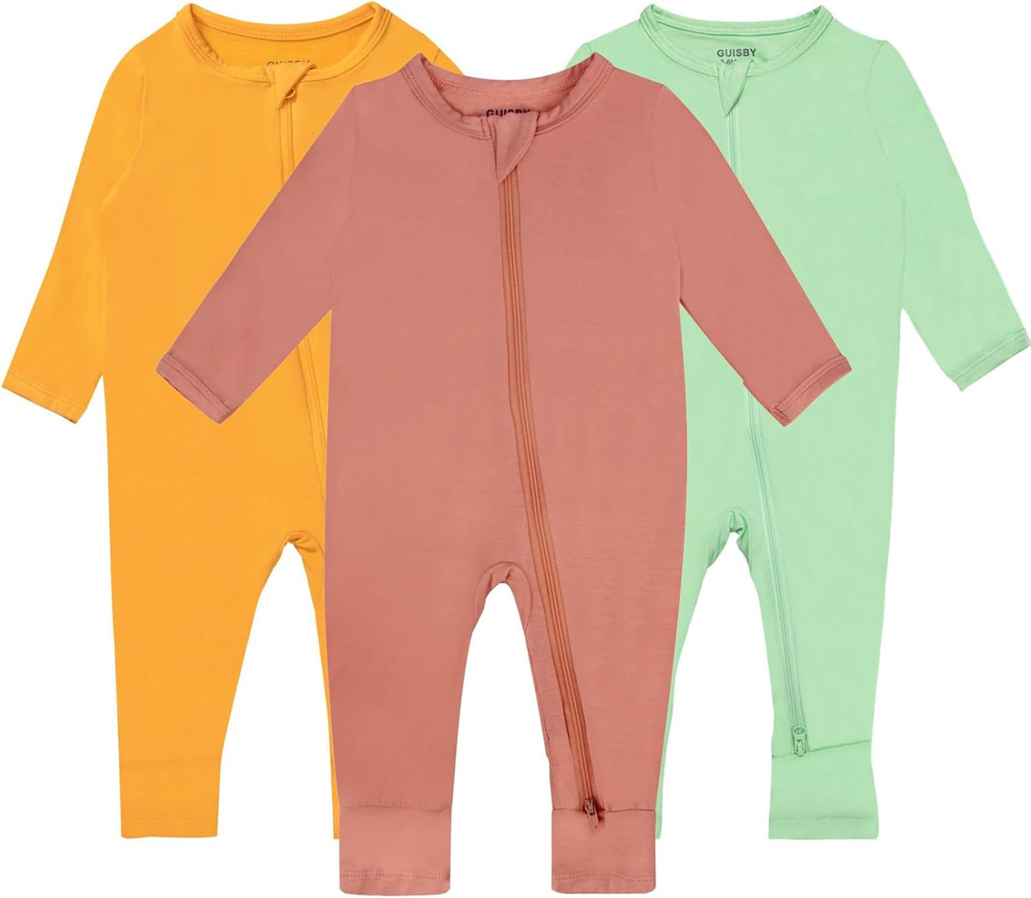 GUISBY Baby Pajamas with Mitten Cuffs - 3Pcs Girls Boys 2 Way Zipper Long Sleeve Rayon Sleepers