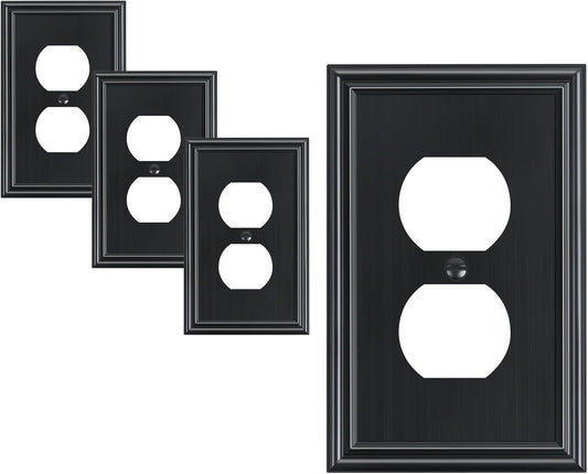 4-Pack Duplex Outlet Cover, Durable Solid Zinc Alloy Decorative Switch Plates and Outlet Covers, Black Wall Plates for Electrical Outlets, 1 Gang Receptacle Cover, Corrosion Resistant
