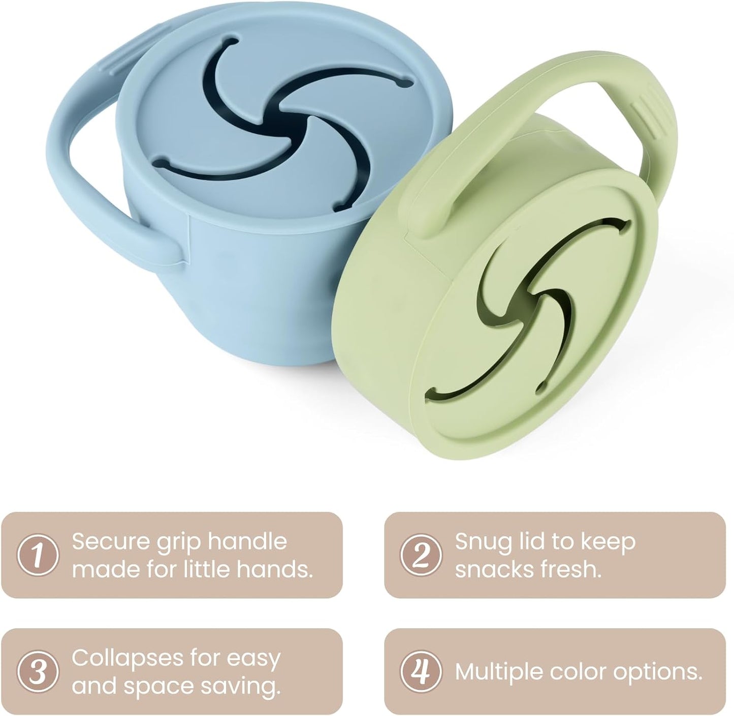 Silicone Snack Cups for Toddlers, Snack Containers with Lids, Foldable Baby Food Catcher with Holders and Dustproof Lid, 2 Pack (Color 1)