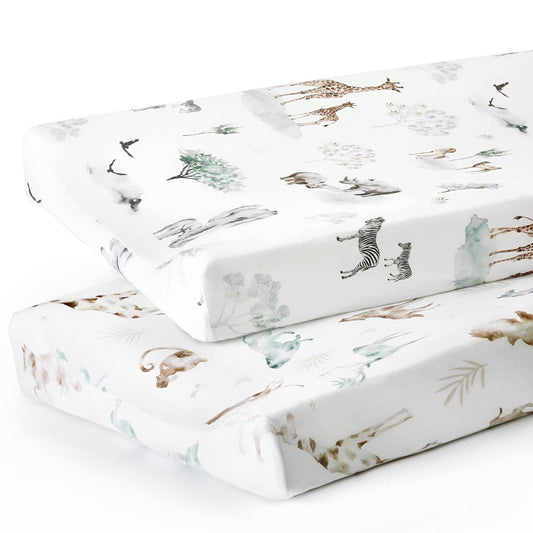 GRSSDER Stretch Ultra Soft Jersey Knit Changing Pad Cover Set 2 Pack, Change Table Pad Covers Fit 32"/34" x 16" Pads Safe and Snug, Stylish Pattern for Boys and Girls, African Savannah Animals