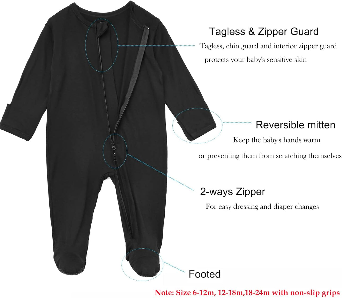 Aablexema Baby Zipper Pajamas Bamboo Rayon, 3pcs Unisex Infant Onesie with Mitten Long Sleeve Footed Pjs