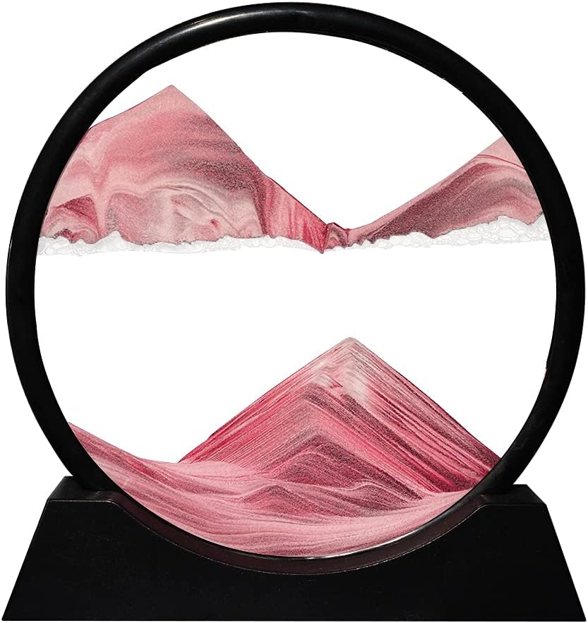 Aoderun Moving Sand Art Picture Round Glass 3D Deep Sea Sandscape in Motion Display Flowing Sand Frame Relaxing Desktop Home Office Work Decor (12", Pink)