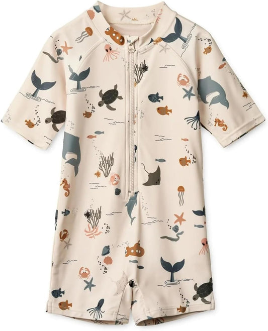 Boys One Piece Swimsuit Whale Dolphin Bathing Suit Zipper Rash Guard Kid Short Sleeve Swimwear Shark Beach Wear UPF50+